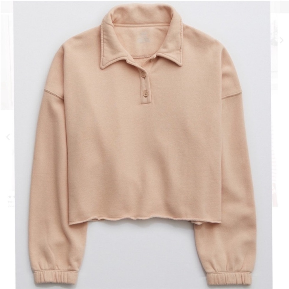 Aerie Fleece of Mind Polo Pullover‎ Sweatshirt L Oversized Crop Peach Nude